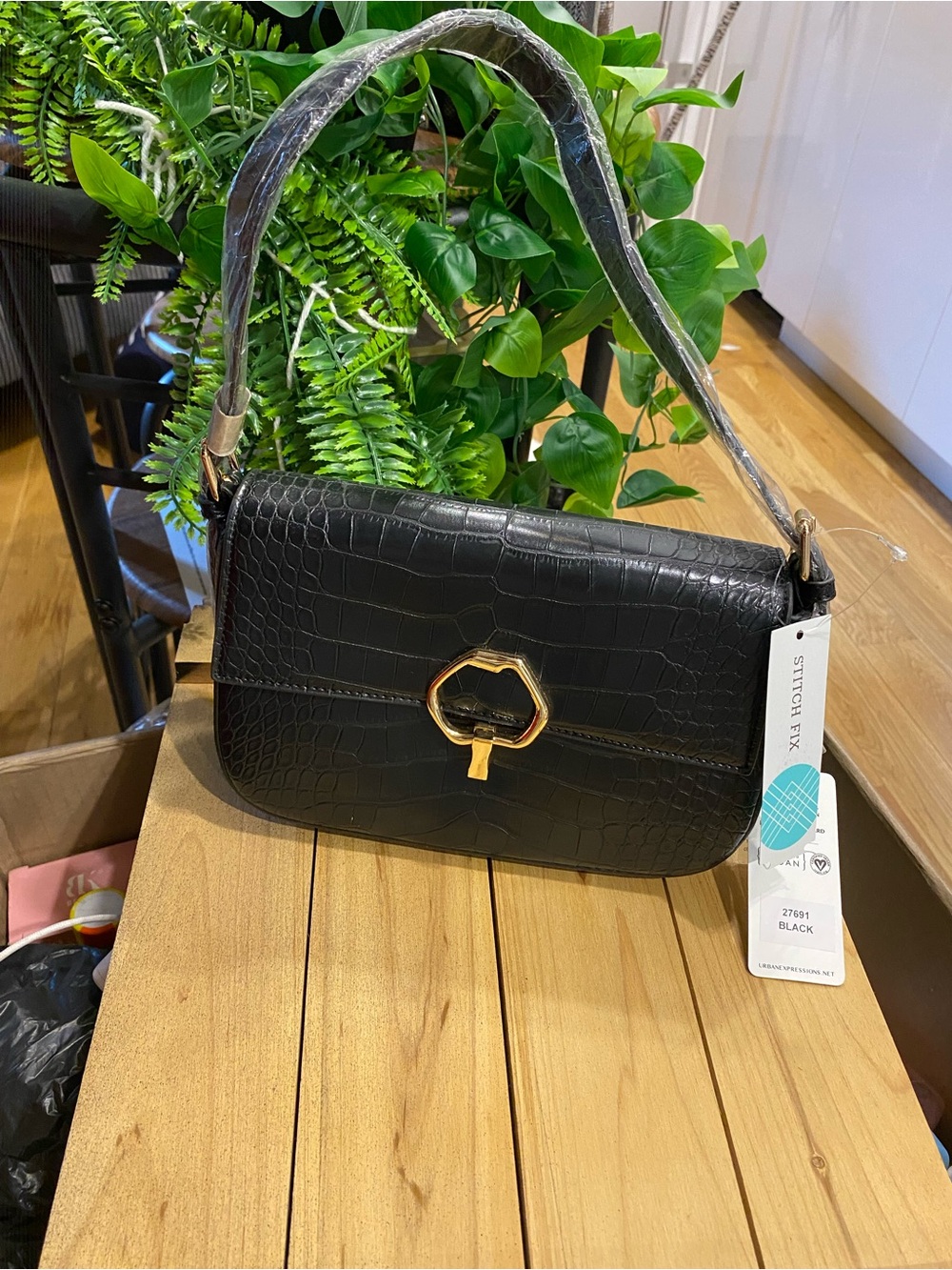 Stitch Fix-Black Croc-Embossed Shoulder Bag with Gold Accent